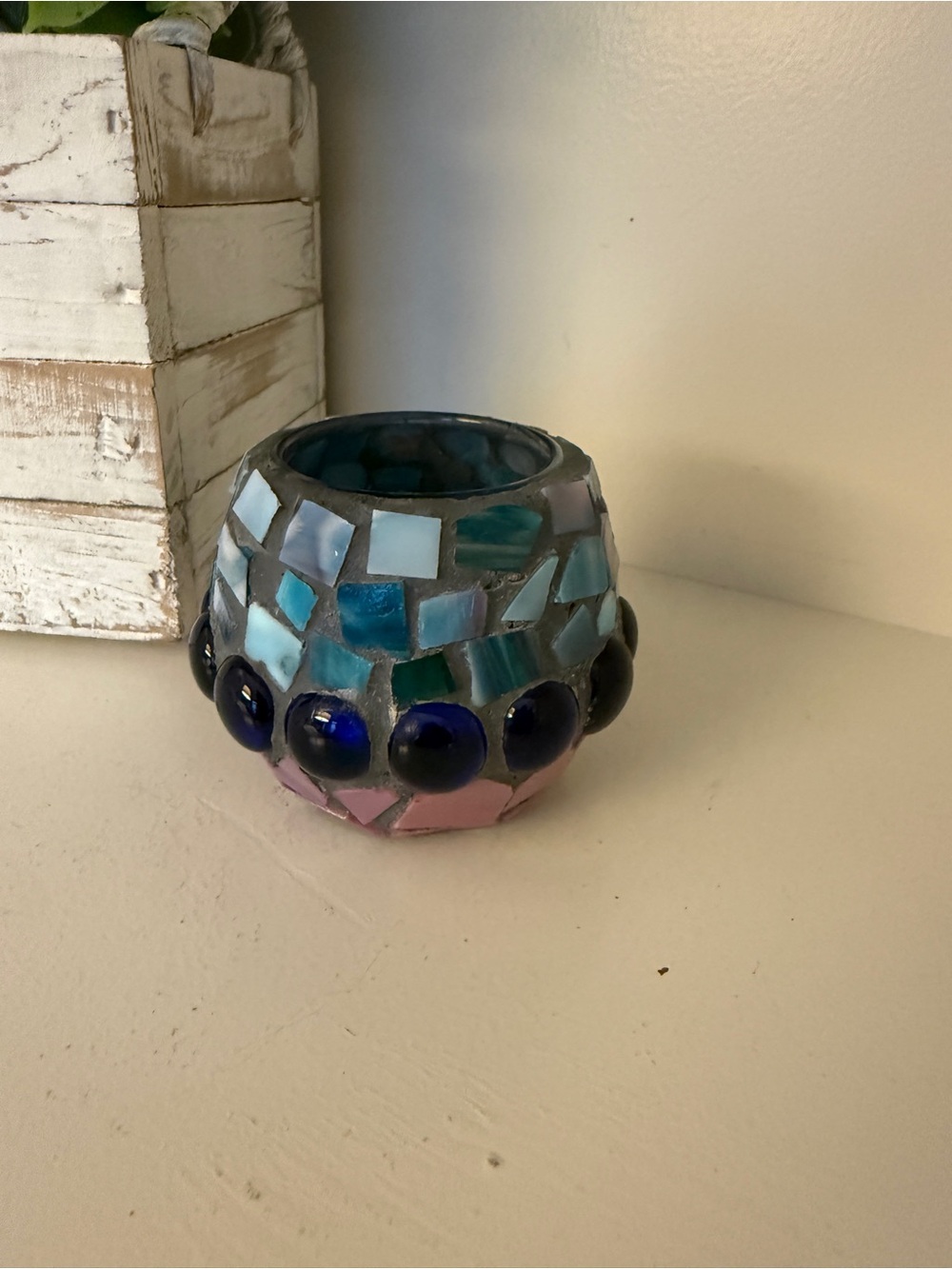 Handmade Mosaic Glass Votive Candle Holder Blue Aqua Pink Boho Decor
